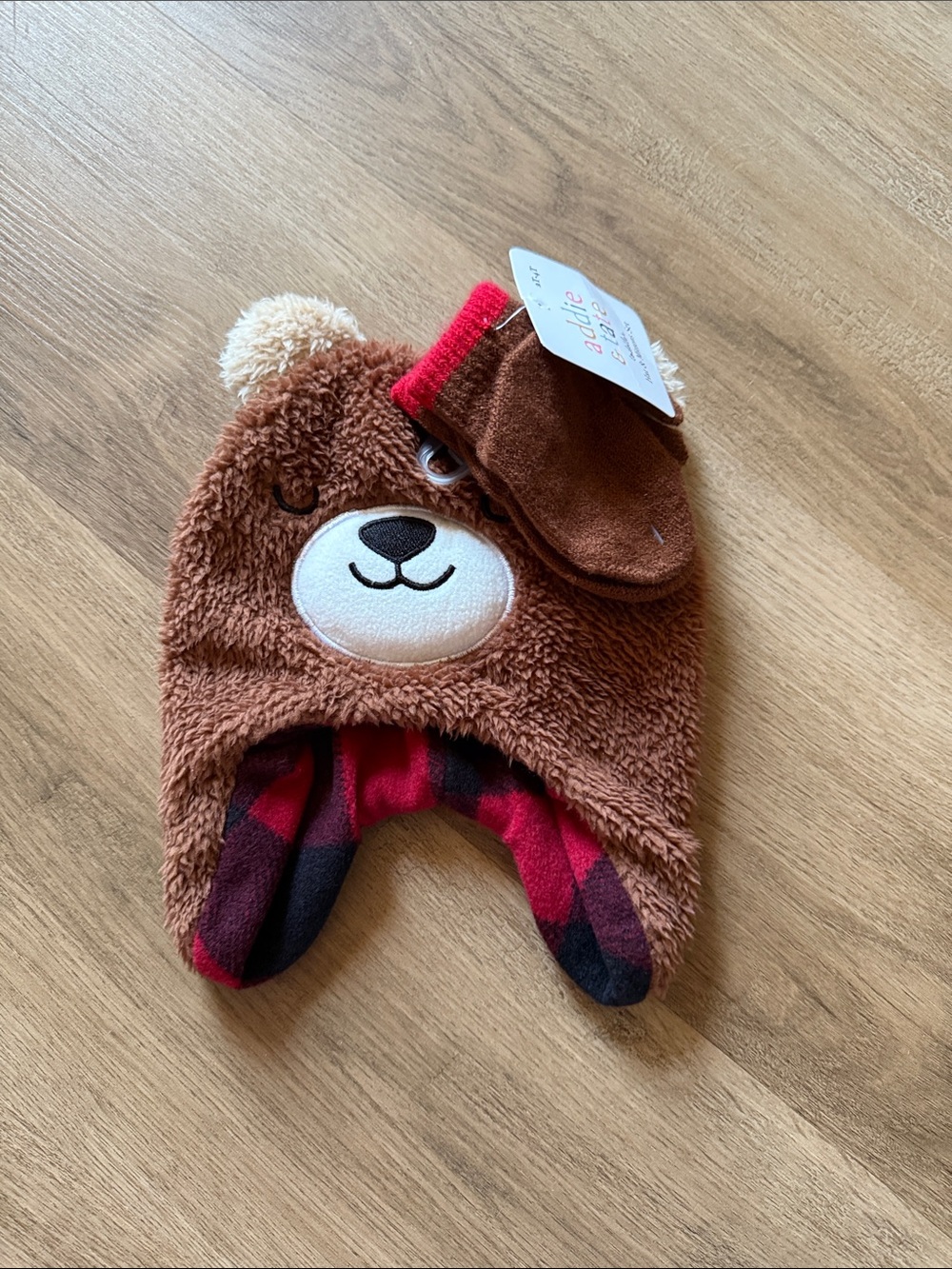 Cute Brown Bear Plush Earflap Hat with Red Plaid Lining & matching mittens